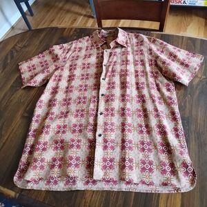 A[X]IST Linen "Hawaiian" Short Sleeve Shirt size XL, Brown and Red Asian Design